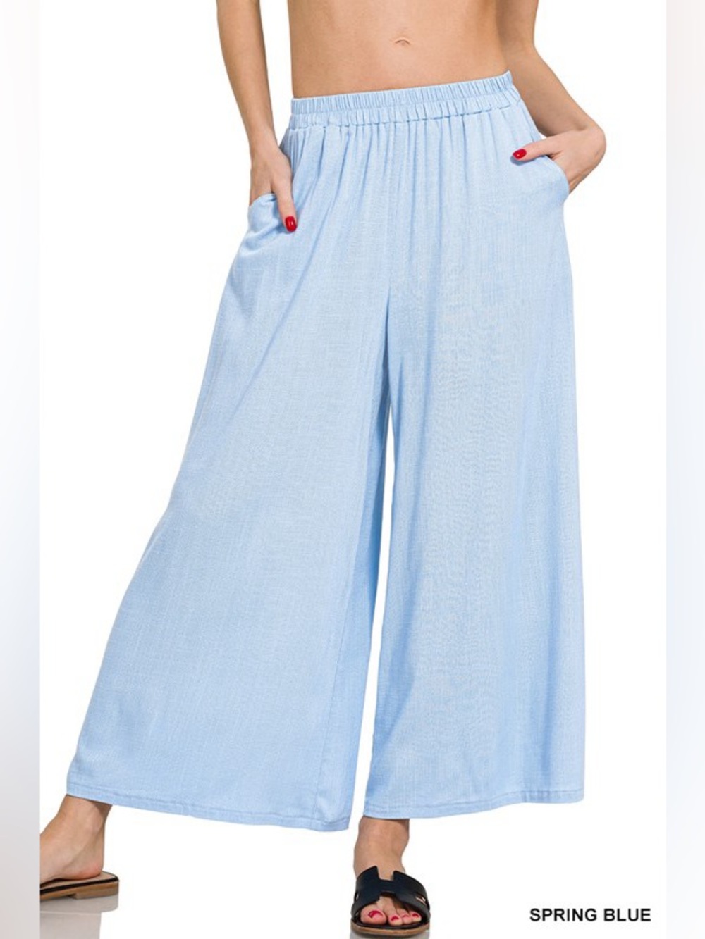 Spring Blue WOVEN ELASTIC BAND PANTS WITH POCKET